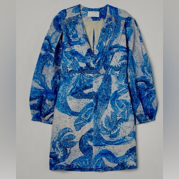 H&M Conscious Exclusive Mosaic Linen Puffy Sleeves Dress. Size S. Color blue .